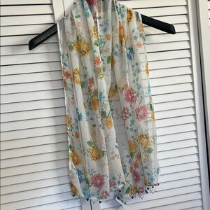 Unique Vintage Floral Sheer White Scarf with Yellow, Pink & Blue Flowers